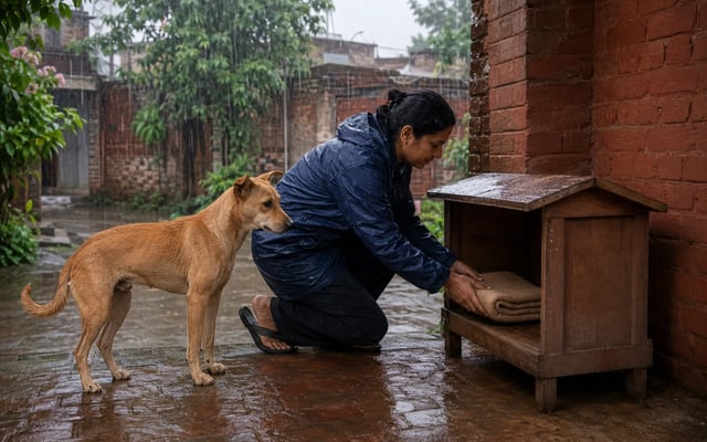 An Amritsar volunteer places a dry blanket in a raised wooden shelter for a community Indie dog during monsoon rain.