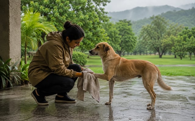 A pet parent dries an Indie dog's paw after a monsoon walk in rain-washed Chandigarh.