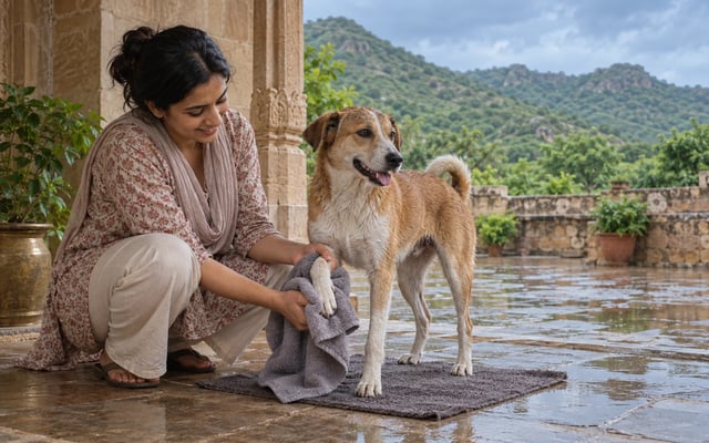 An Indian pet parent towel-dries an Indie dog's paw in a rain-wet Ajmer courtyard as green Aravalli hills rise beyond.