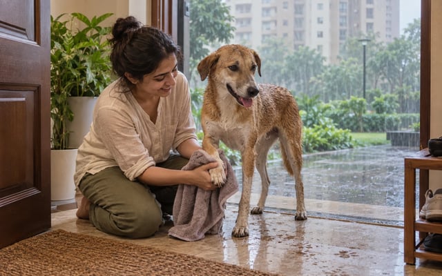 An Indian pet parent towel-dries a wet indie dog's paw at a Noida apartment entrance during monsoon rain.