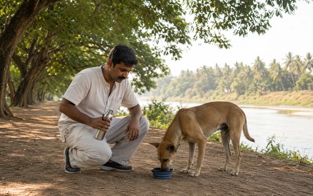 A Trichy pet parent offers water to an Indie dog on a shaded path beside the Cauvery River.