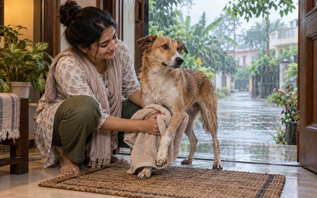 An Indian pet parent towel-dries a wet indie dog's paws at a Gorakhpur home doorway during monsoon rain.