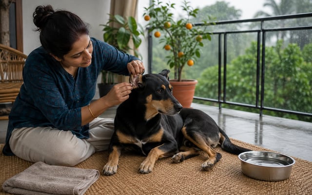 An Indian pet parent gently checks an Indie dog’s ear on a sheltered Nagpur balcony during monsoon rain.