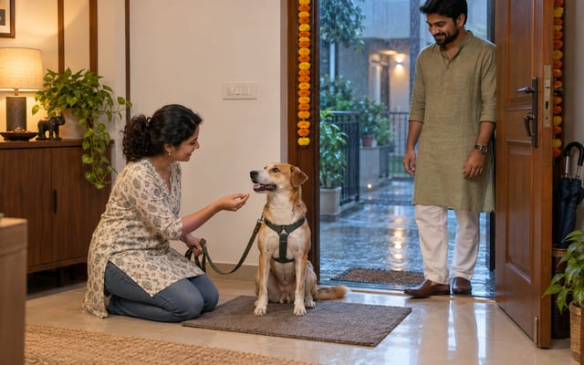 An Indian pet parent rewards her seated dog for a calm greeting while a festival guest waits at the doorway on a rainy evening.