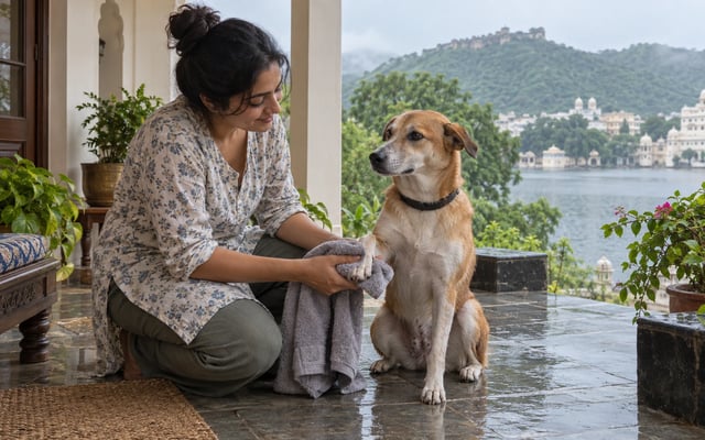 An Indian pet parent towel-dries an Indie dog's paw on a rain-wet Udaipur veranda overlooking a lake and green Aravalli hills.