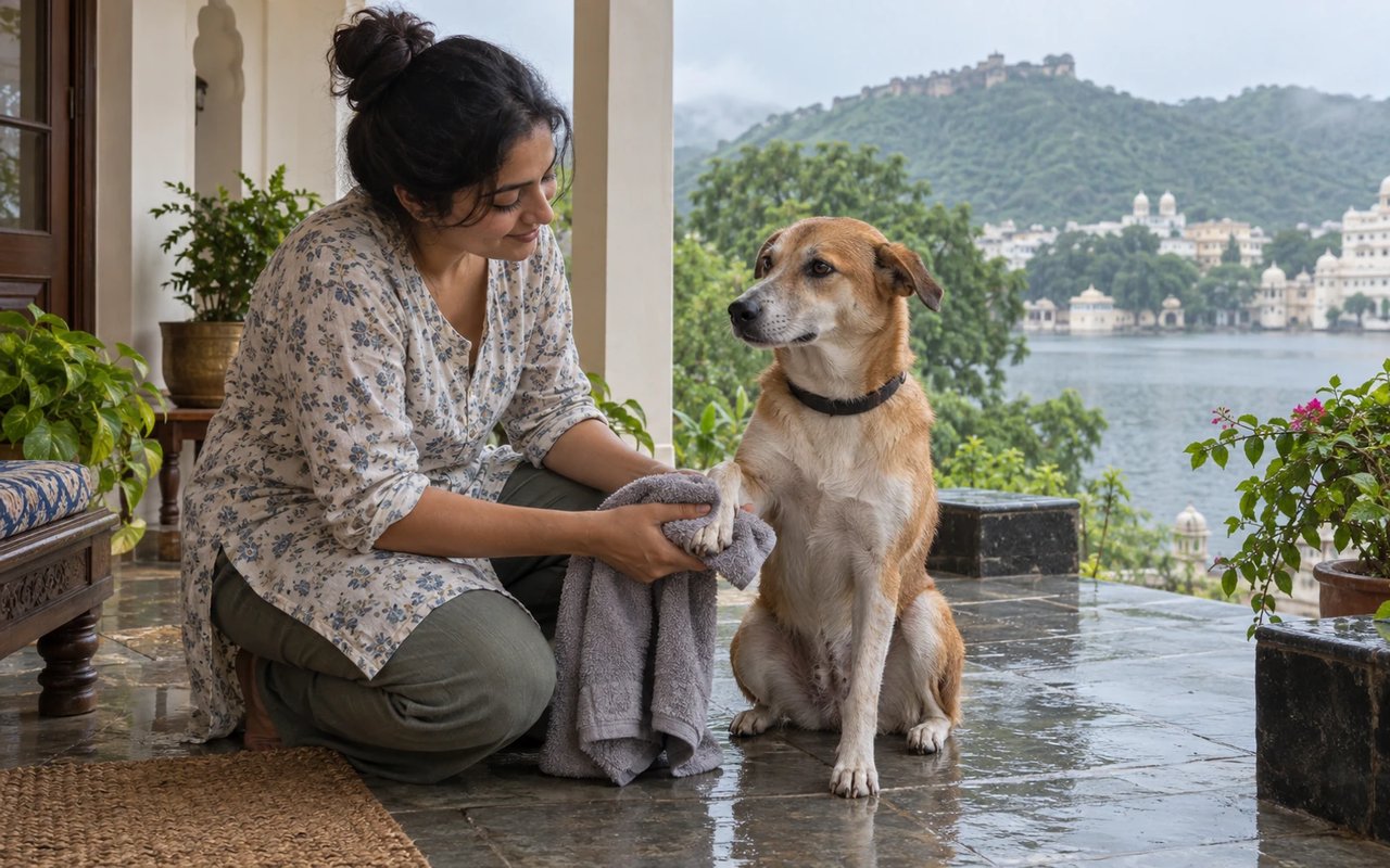 An Indian pet parent towel-dries an Indie dog's paw on a rain-wet Udaipur veranda overlooking a lake and green Aravalli hills.