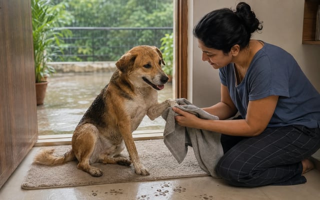 A pet parent gently wipes a relaxed dog's muddy paw with a towel at the doorway after a monsoon walk.