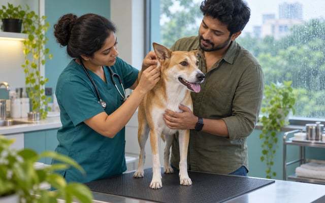 An Indian veterinarian checks behind an Indie dog's ear for ticks while the pet parent steadies the dog beside a rain-speckled clinic window.