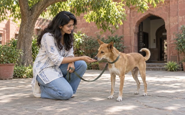A prospective pet parent gently meets a leashed Indie dog in a shaded red-sandstone rescue courtyard in Delhi.