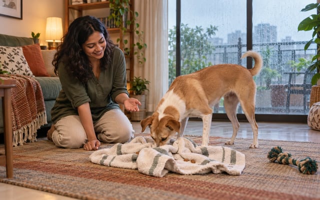 An Indian pet parent guiding her Indie dog through a towel scent game indoors while monsoon rain falls outside
