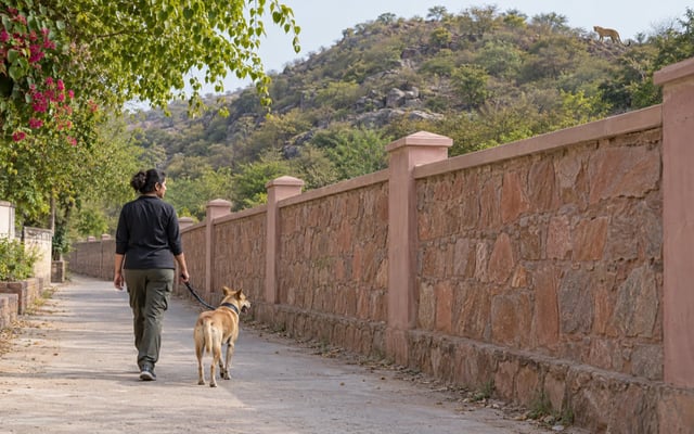 A Jaipur pet parent walks an Indie dog on a short leash beside a high stone wall, with a distant leopard on the Aravalli ridge.