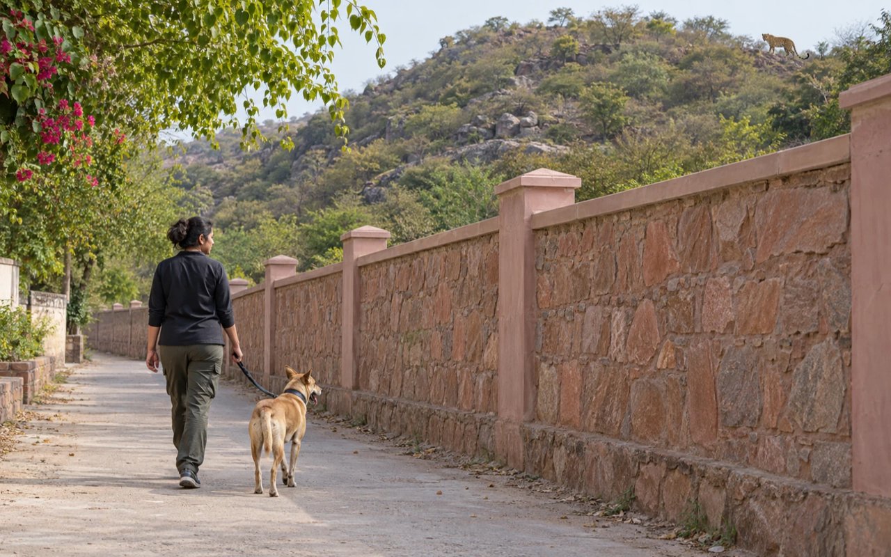 A Jaipur pet parent walks an Indie dog on a short leash beside a high stone wall, with a distant leopard on the Aravalli ridge.