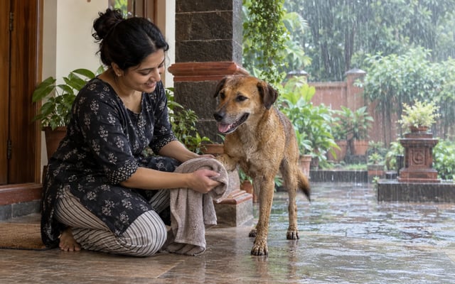 An Indian pet parent towel-dries a wet Indie dog's paw on a sheltered Kolhapur veranda during heavy monsoon rain.