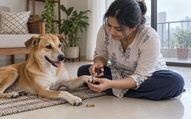 A caregiver gently supports a calm dog’s front paw while positioning nail clippers at the nail tip on a tiled floor at home.