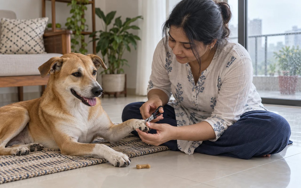 A caregiver gently supports a calm dog’s front paw while positioning nail clippers at the nail tip on a tiled floor at home.