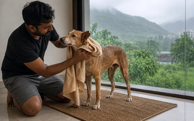 An Indian pet parent gently towel-dries a wet dog's ears and shoulders beside a rain-speckled window overlooking Thane's green hills.