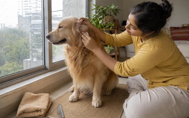 An Indian dog owner gently checks for matted fur behind a golden retriever's ear beside a rain-speckled monsoon window.