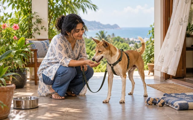 A Visakhapatnam pet parent gently welcomes a leashed tan-and-white Indie dog on a coastal veranda with a water bowl, blanket and toy.