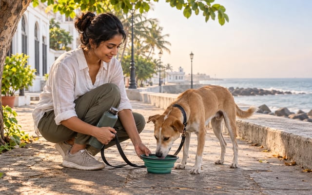 An Indian pet parent gives water to an Indie dog in tree shade beside the Bay of Bengal promenade in Puducherry.