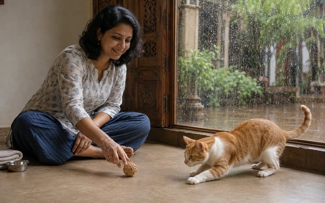 An Indian pet parent plays with a ginger-and-white cat indoors beside a rain-streaked Ahmedabad window during the monsoon.