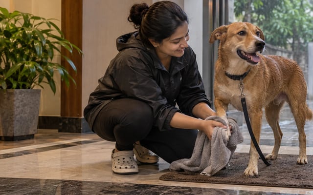 An Indian pet parent towel-dries an Indie dog's paw at a Mumbai apartment doorway during monsoon rain.