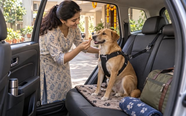 An Indian pet parent offers a treat to her calm dog secured in a travel harness inside a parked car before a festival road trip.