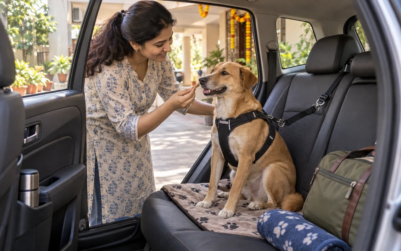An Indian pet parent offers a treat to her calm dog secured in a travel harness inside a parked car before a festival road trip.
