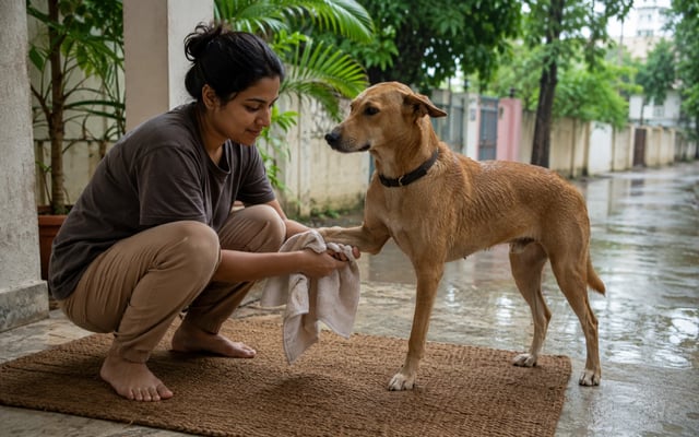 A Prayagraj pet parent towel-dries an Indian pariah dog's paw on a covered veranda after a monsoon walk.