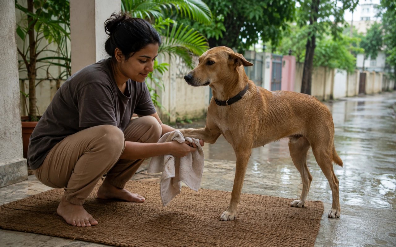 A Prayagraj pet parent towel-dries an Indian pariah dog's paw on a covered veranda after a monsoon walk.