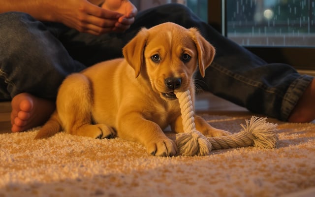 A young puppy calmly chewing a rope toy beside its seated owner during a rainy evening at home.
