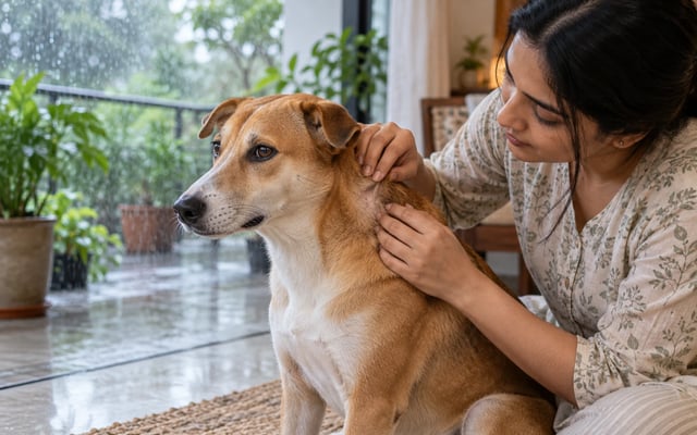 An Indian pet parent gently checks a small patch of thinning fur behind an Indie dog's ear beside a rain-speckled window during monsoon.
