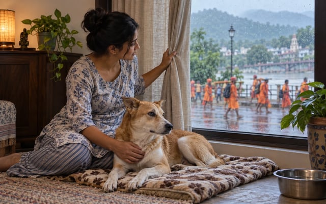 An Indian pet parent comforts a calm Indie dog indoors while a rainy Kanwar Yatra procession passes outside in Haridwar.