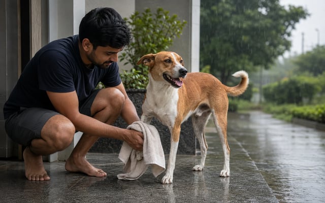 An Indian pet parent towel-dries the paws of an Indie dog under a sheltered Indore entrance after a monsoon walk.