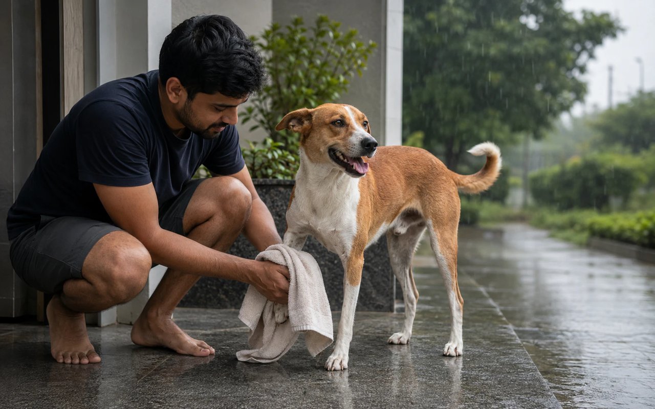 An Indian pet parent towel-dries the paws of an Indie dog under a sheltered Indore entrance after a monsoon walk.