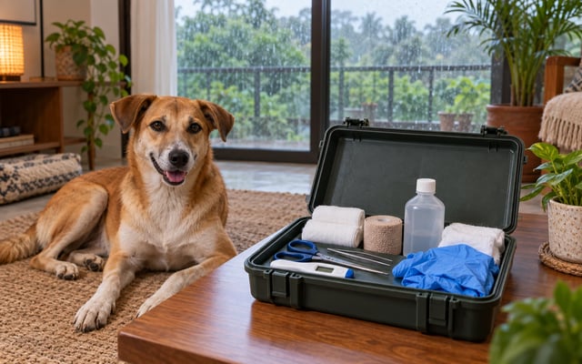 An Indie dog rests beside an open pet first aid kit in an Indian home while monsoon rain falls outside.