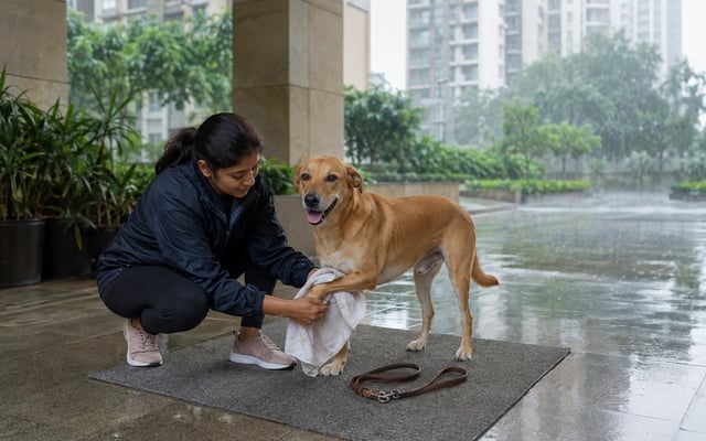 A Gurgaon pet parent towel-dries an Indie dog's paw at an apartment entrance during monsoon rain.