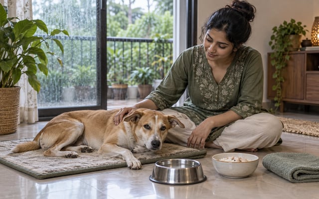 An Indian pet parent watches over a resting tan-and-white Indie dog beside water, bland food and a folded towel during monsoon rain.