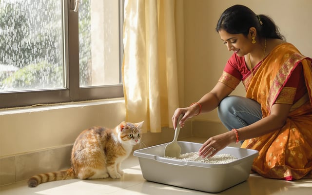 A relaxed cat watches as a woman scoops a clean, dry litter tray beside a rain-speckled window.