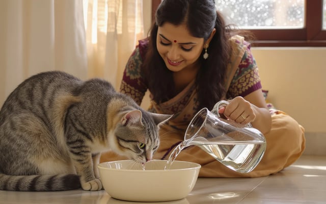 A grey cat drinks fresh water while its owner refills a plain bowl in a rain-lit Indian home.
