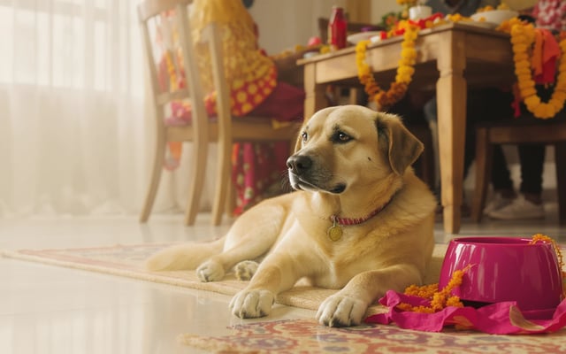 A relaxed tan dog lying on its mat away from a Ganesh Chaturthi family dining table in an Indian home.