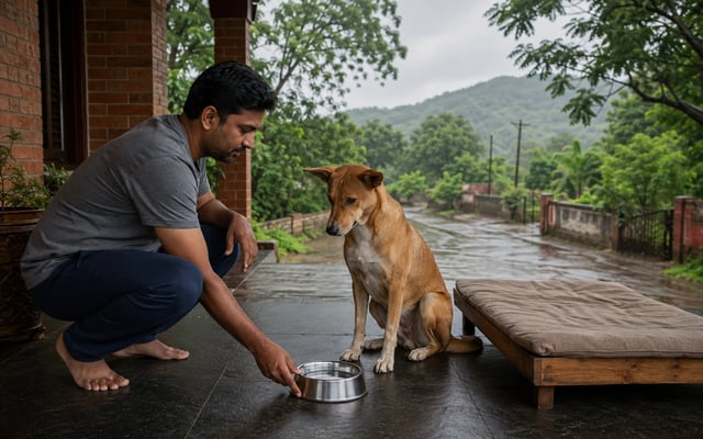 A pet parent in Dhanbad sets out clean water beside an Indie dog and its raised dry bed during the monsoon.
