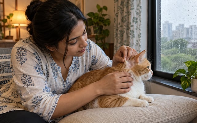 An Indian pet parent gently examines a small patch of thinning fur behind a ginger cat's ear beside a rain-streaked window during the monsoon.