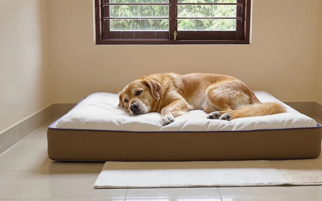 An older golden dog with a grey muzzle rests on a thick dry bed beside a non-slip runner during monsoon rain.