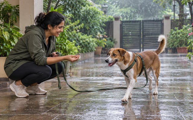 An Indian pet parent rewards her brown-and-white Indie dog for coming on a long training line during a monsoon shower.