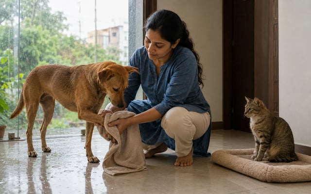 An Indian pet parent towel-dries a dog's paw after a monsoon walk while a cat rests nearby in a Ghaziabad home.