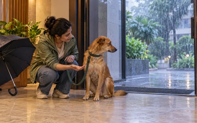An Indian pet parent patiently reassures a hesitant Indie dog beside an open doorway during heavy monsoon rain.