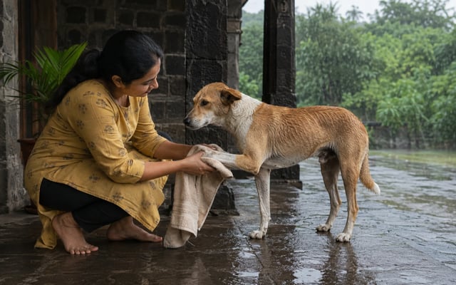 An Aurangabad pet parent towel-dries a rain-wet Indie dog's paw beneath a sheltered stone veranda during the monsoon.