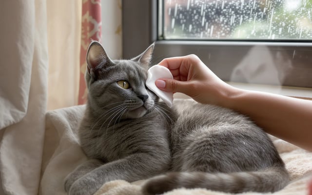 A grey cat rests by a rain-speckled window while its watery eye is gently wiped with a cotton pad.