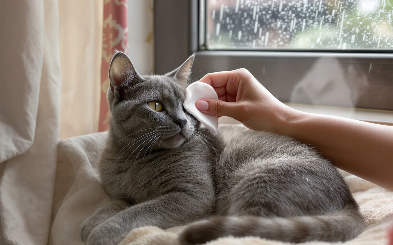 A grey cat rests by a rain-speckled window while its watery eye is gently wiped with a cotton pad.