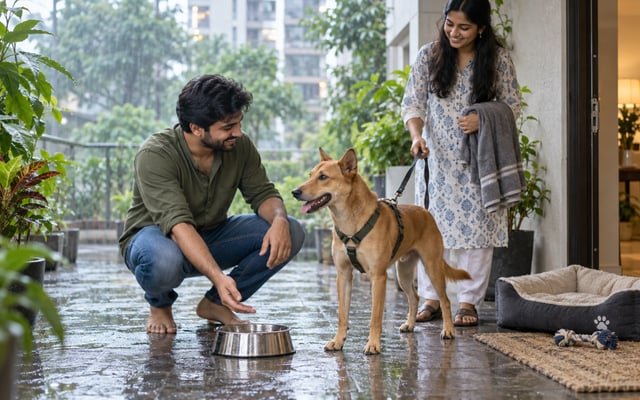 A first-time owner welcoming a golden-brown Indie dog home on a rain-wet Surat apartment veranda